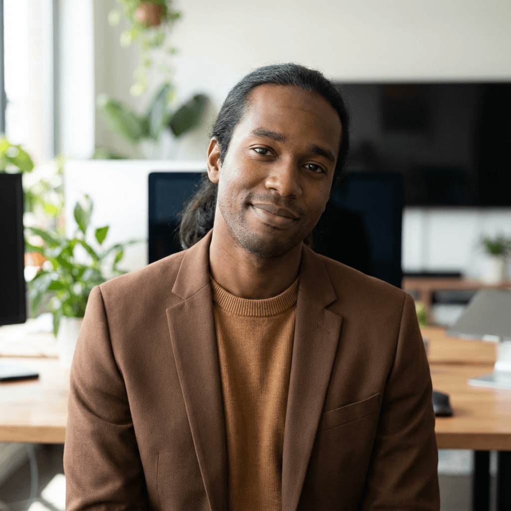 David Okafor standing in a tidy office