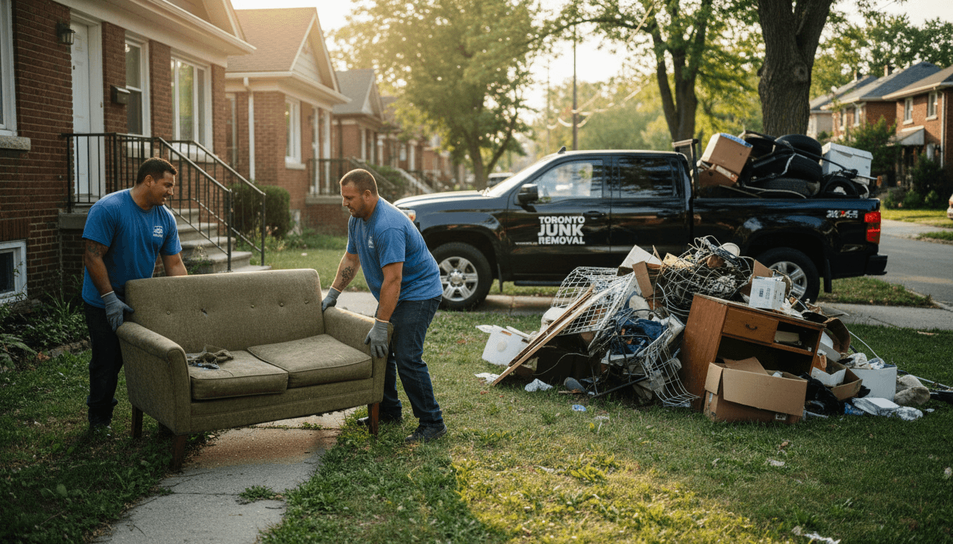 Junk removal workers hauling an old sofa out of a Toronto home
