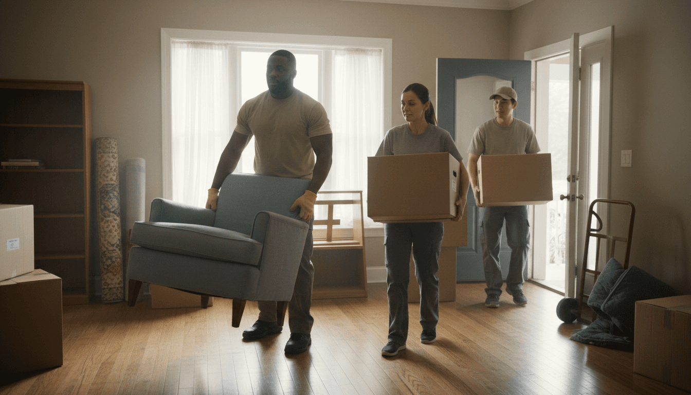 Crew hauling a couch through a doorway