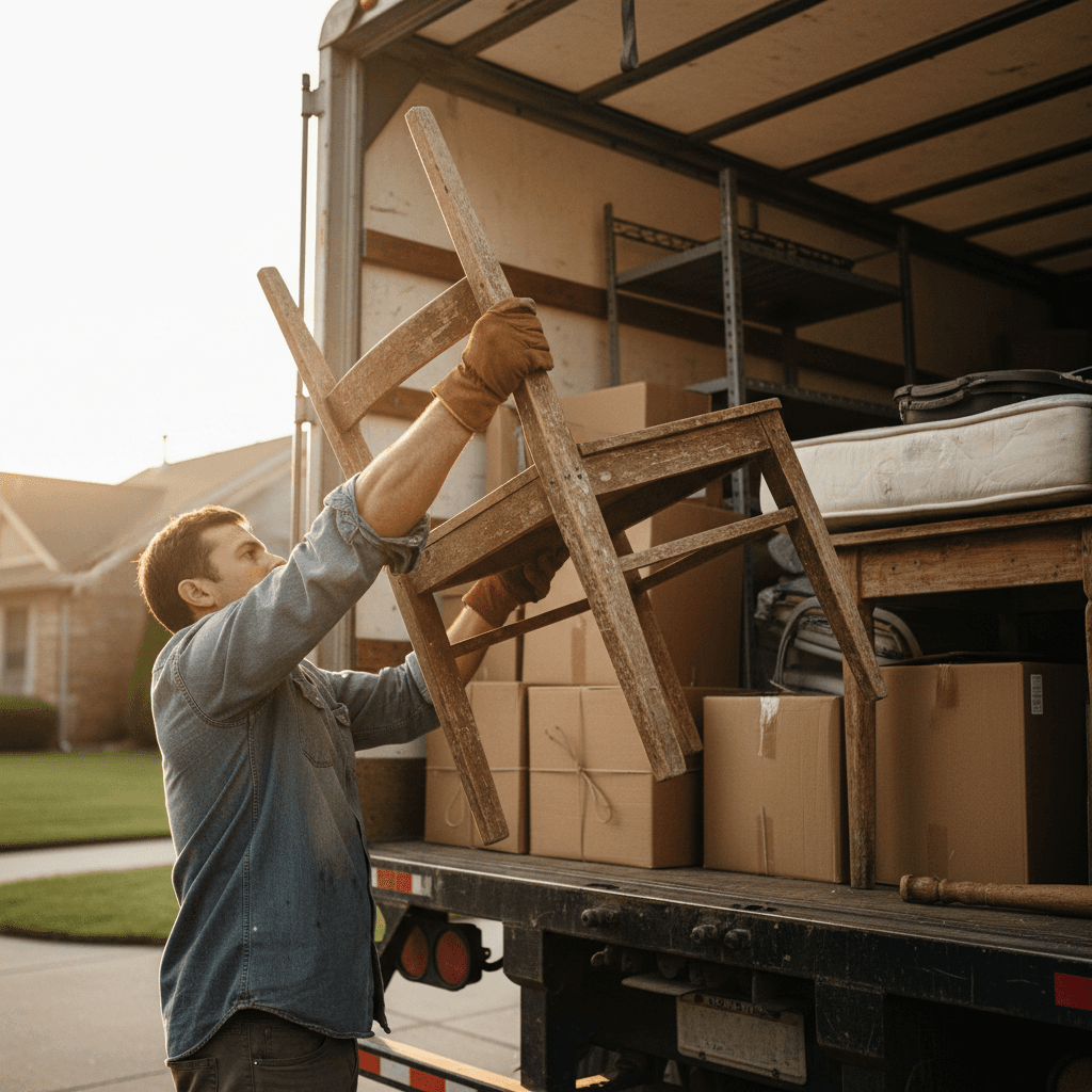 Junk removal worker sorting items beside a loaded truck