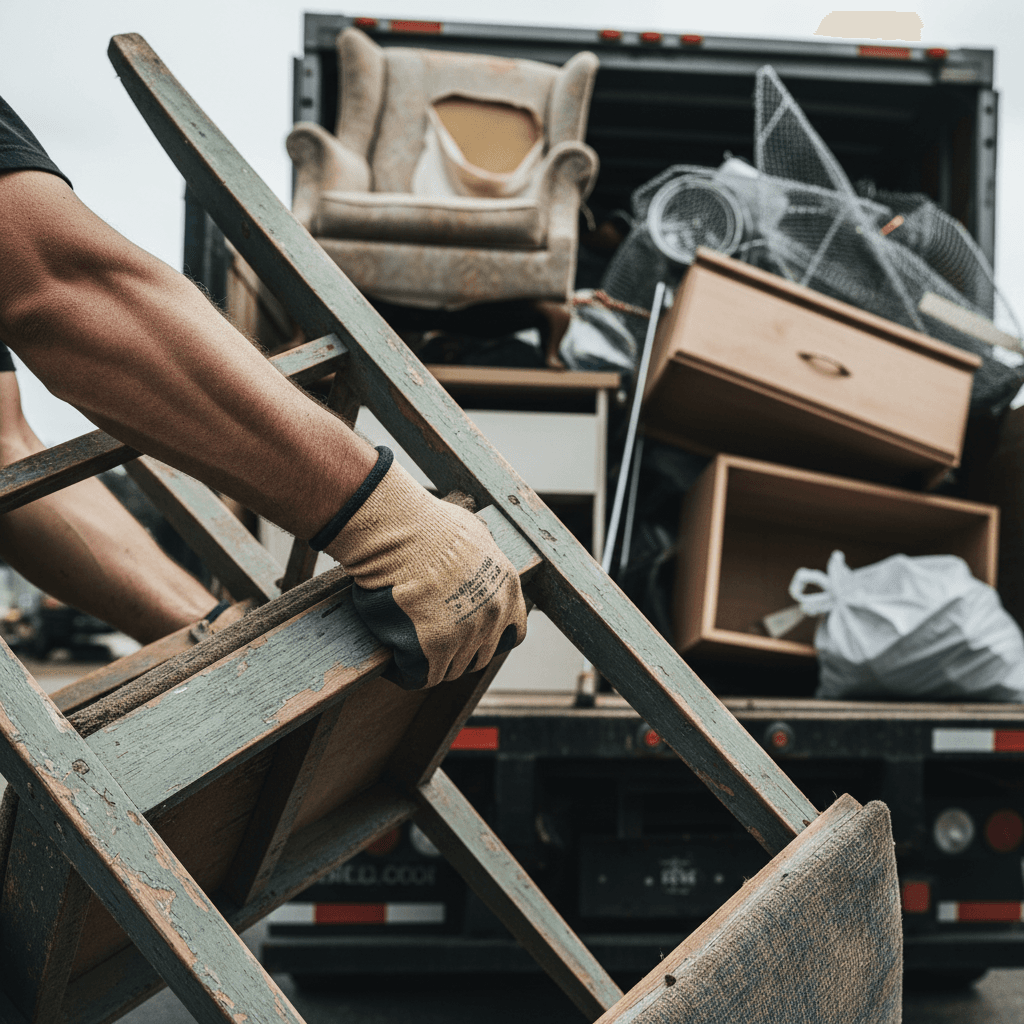 Worker carrying an old chair out of a garage during a junk removal pickup